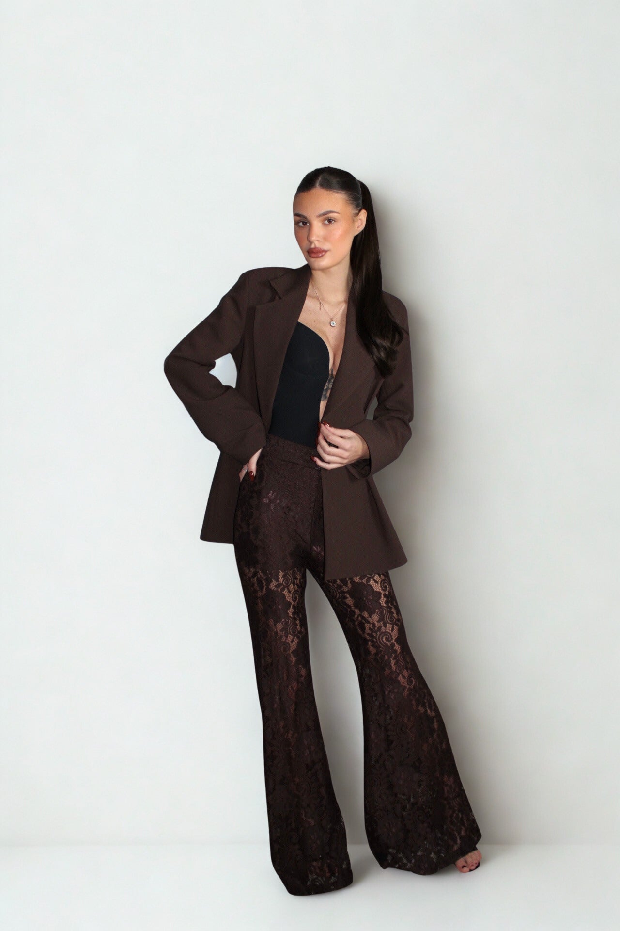 Koronkowe Spodnie Dzwony La Milla - Czekolada