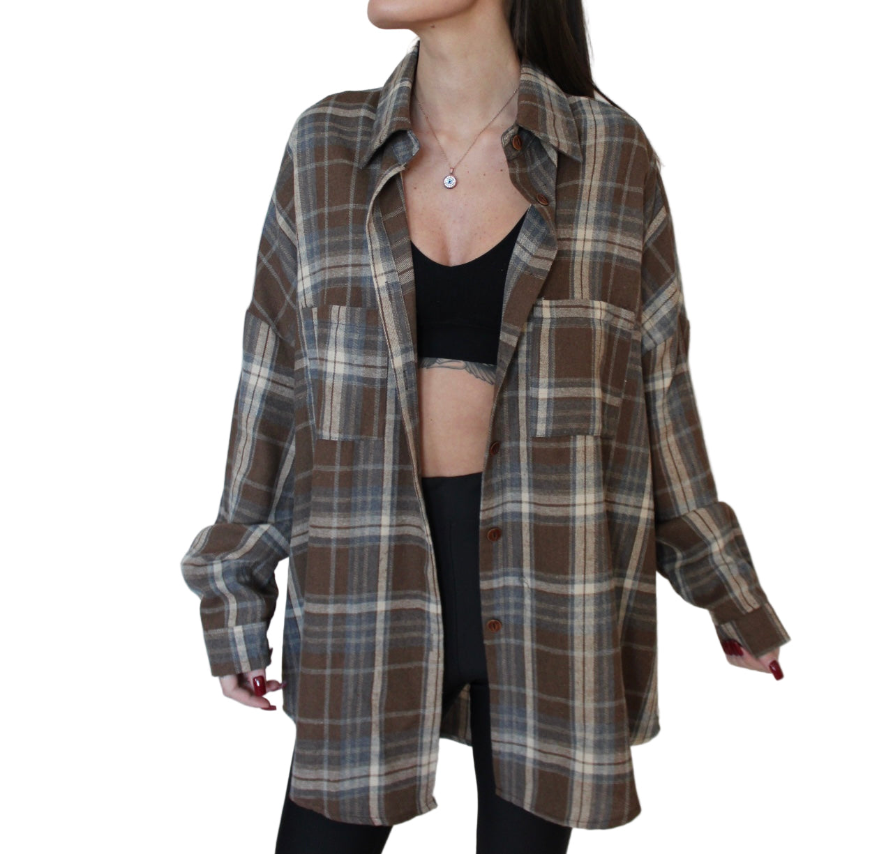 Koszula flanelowa w kratę SEMPRE kakao, widok z przodu